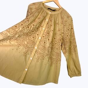 Gudrun Sjoden Embroidered Tunic Organic Cotton Boho Floral Top in Marigold Large